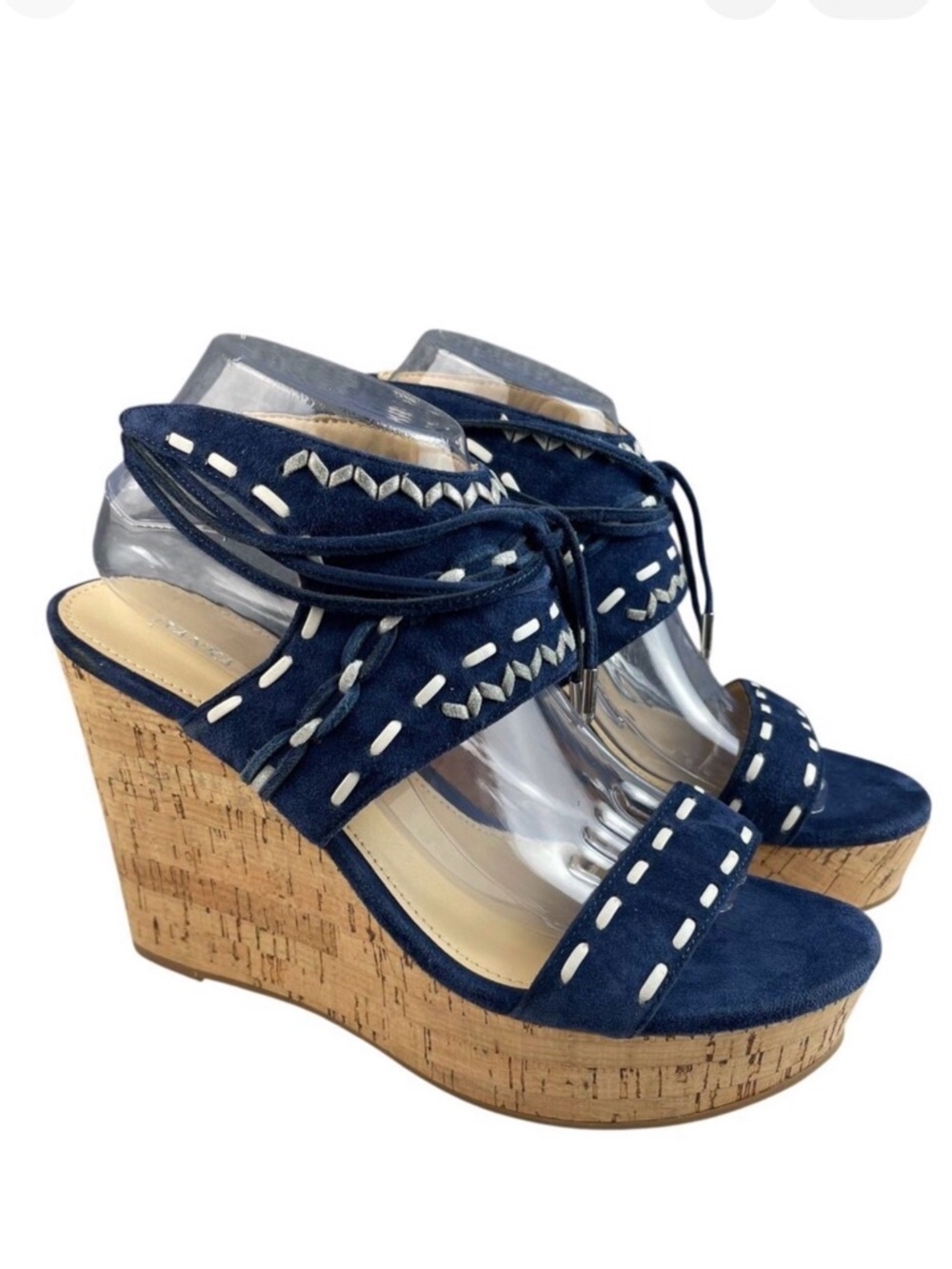 Ivanka Trump Women's Wedge Sandals 9.5M Blue Suede Lace-Up Cork Heel Open Toe